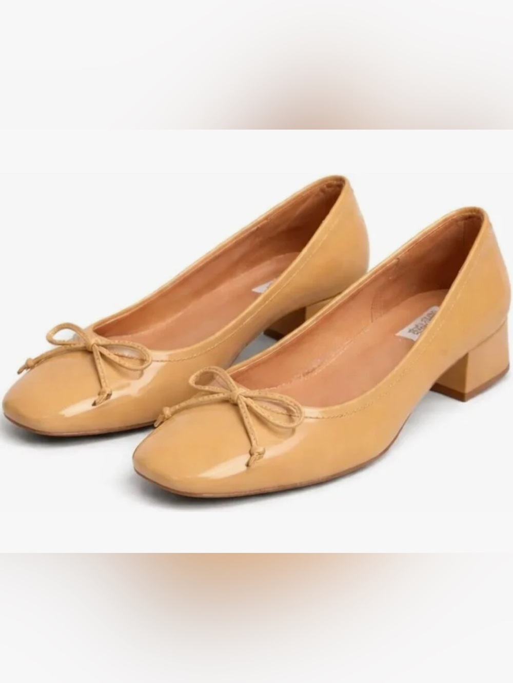 Anthropologie -BIBI LOU Patent Bow-Trim Square Toe Ballet Low Heel - in Tan